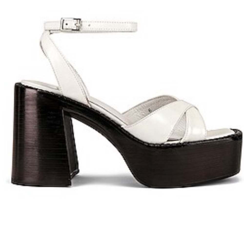 Jeffrey Campbell White Leather Platform Sandals with Dark Brown Wood Heel